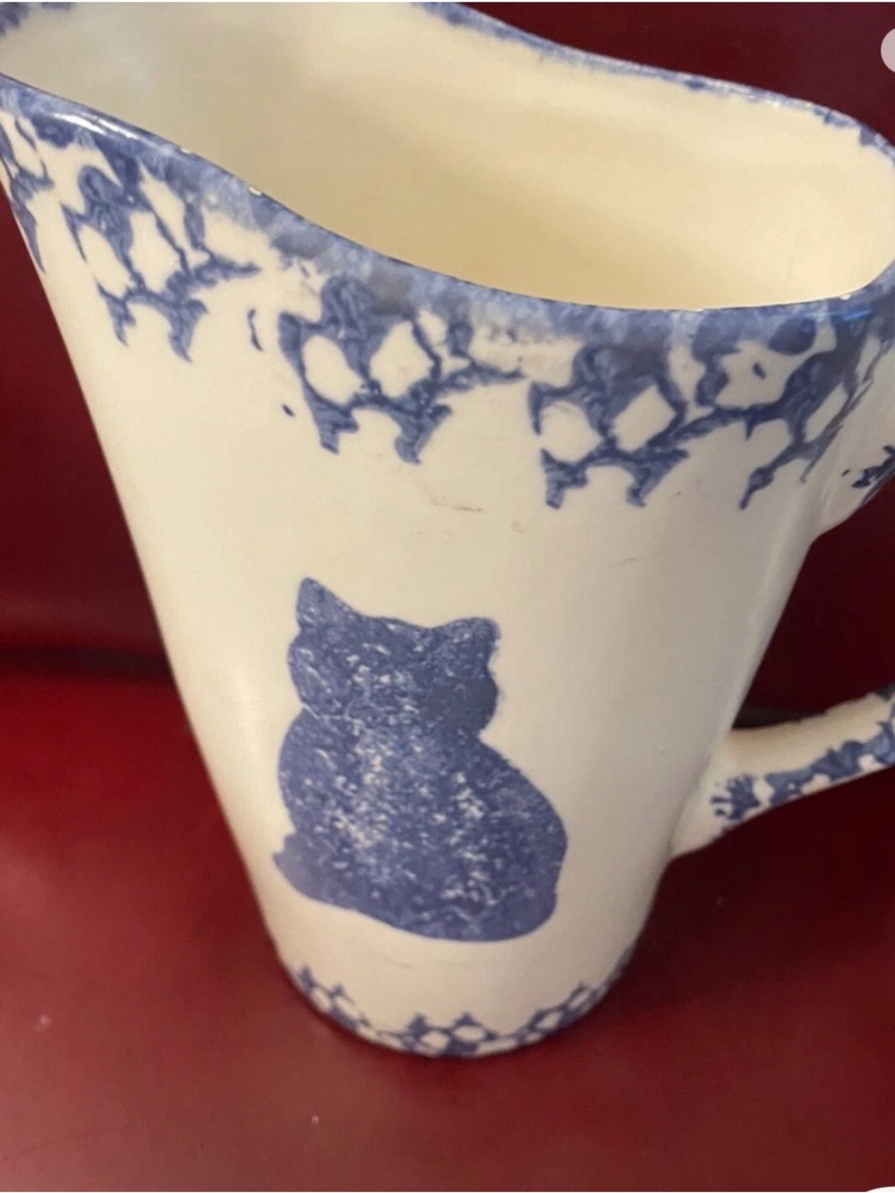 Milk Jug   White Ceramic Pitcher with Blue Cat Motif